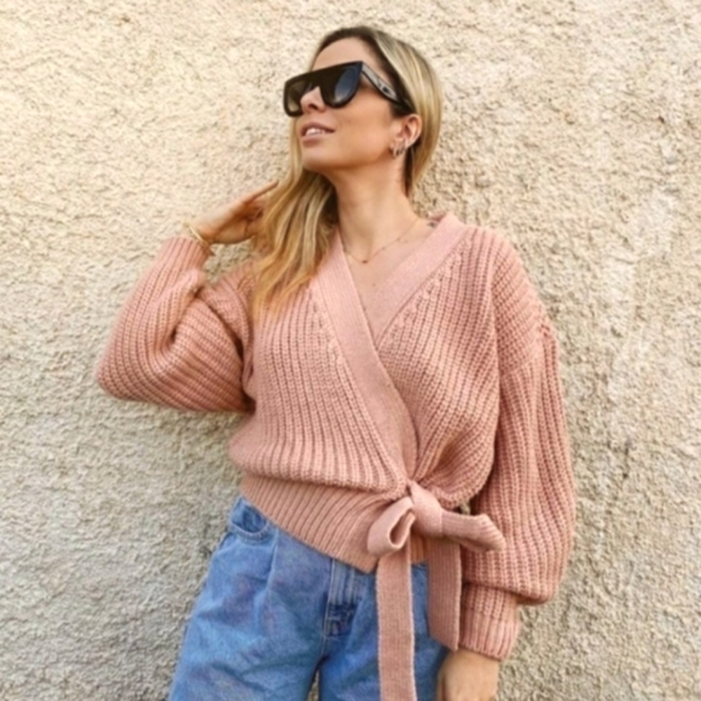 💕 ZARA Cropped Balloon Sleeve Belted Pink Cardigan - Blogger's Favorite 💕